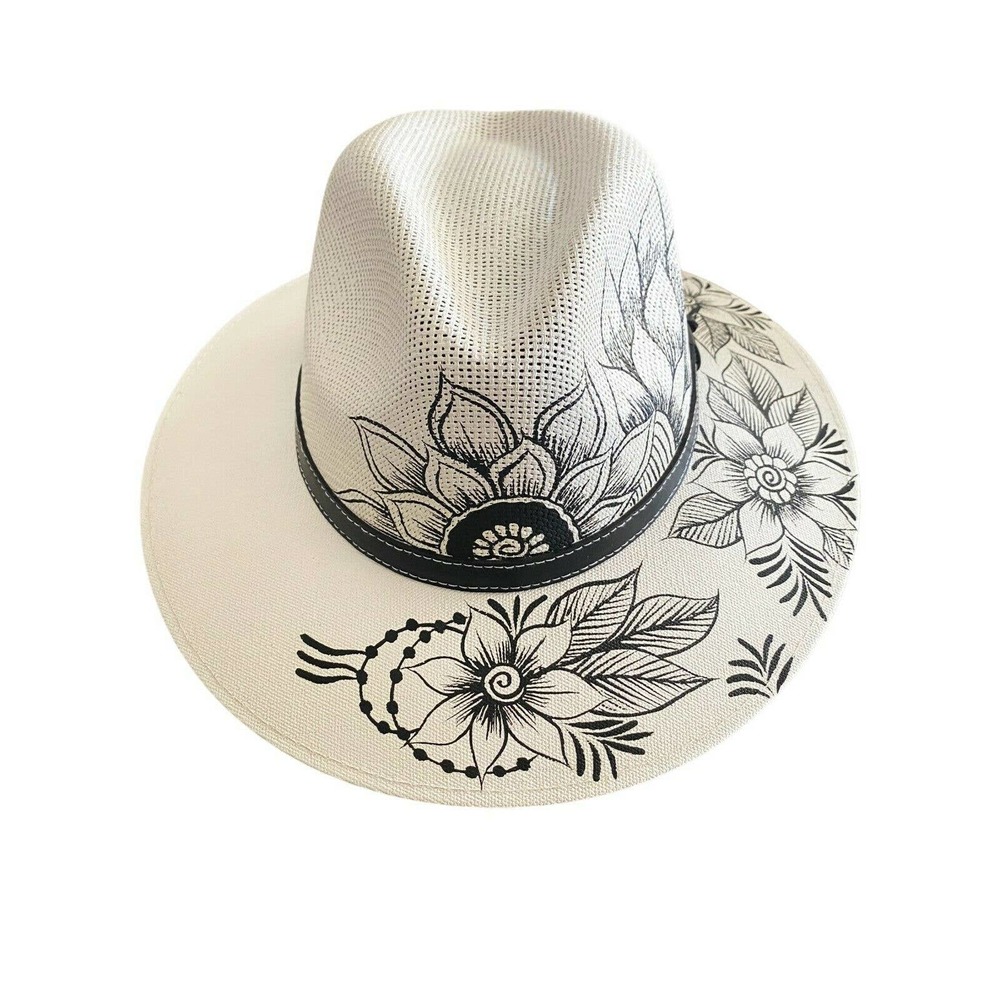 MEXICAN Artisanal Hat Hand Painted Fedora Floral Sombrero Panama Bohemian Large